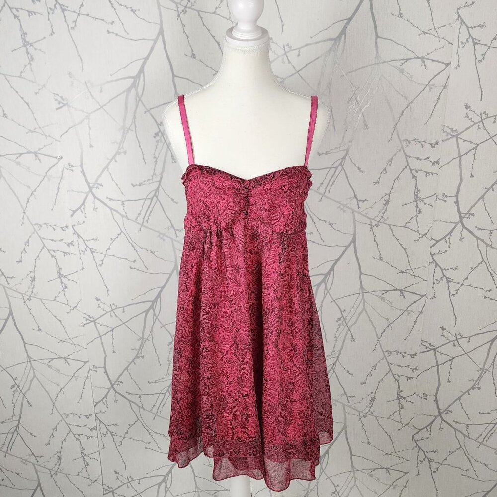 Volcom Hot Pink Lace Print Strappy Babydoll Flowy Y2K Mini Dress